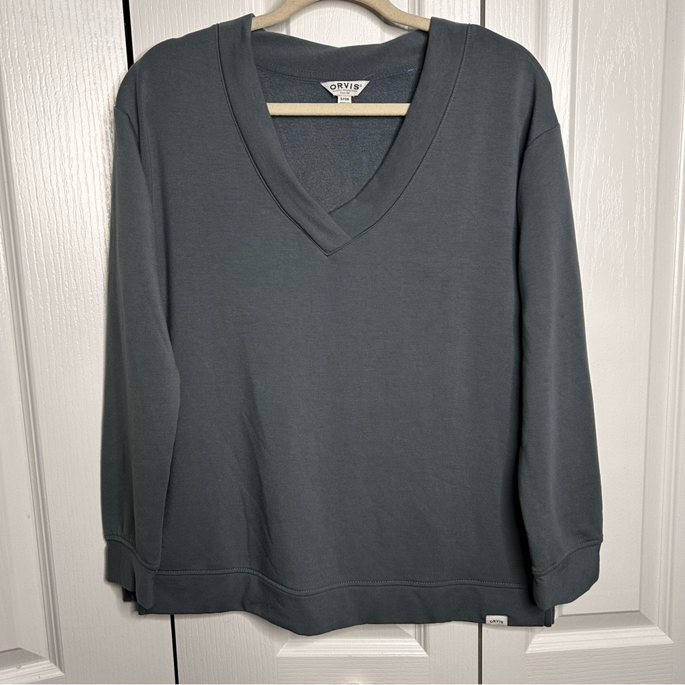 Orvis Women’s Pullover Cozy Soft Sweater Size Small Green Gray Fleece Modal